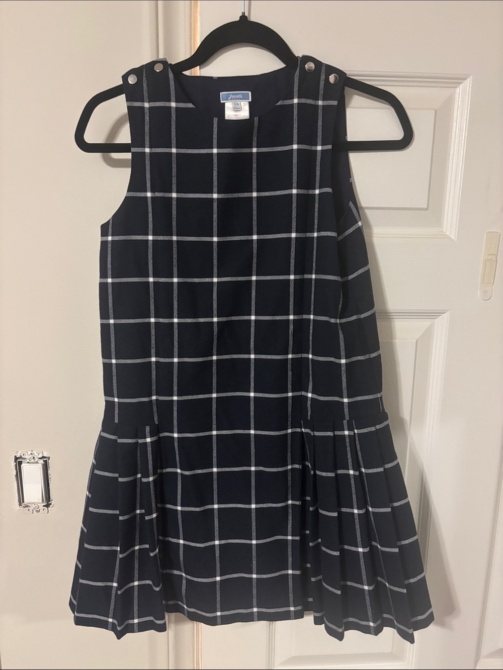 Jacadi girls Navy Plaid Button-Shoulder Dress size 12